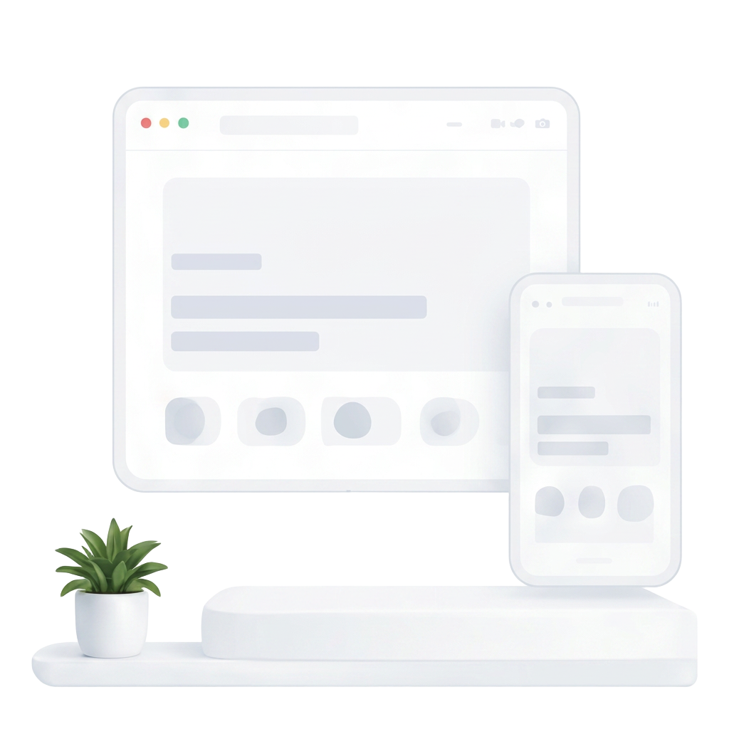 Browser and phone website mockup on a shelf with a small plant